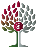 Cherry Hill Seminary logo - a tree divided between life and death with a spiral in its center