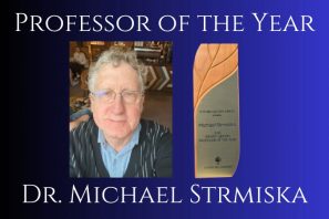 Professor of the Year Dr. Michael Strmiska, head shot with photo of award.